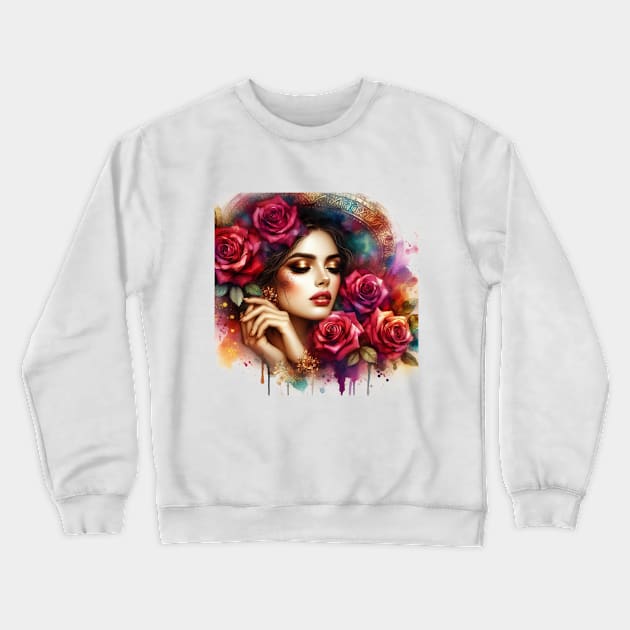 Romantic Woman With Roses Crewneck Sweatshirt by ERArts